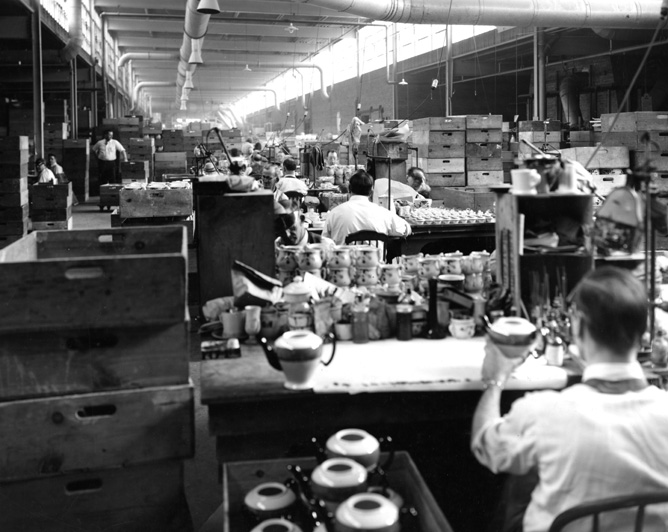 Workers decorating pottery at the Hall China Company