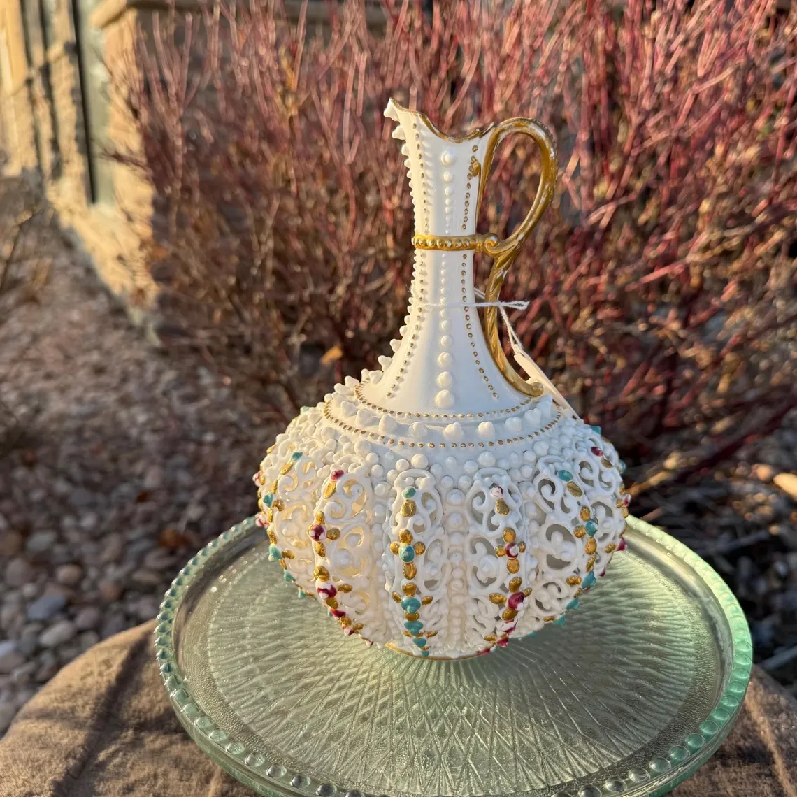 Lotus Ware — pierced, jeweled pitcher
