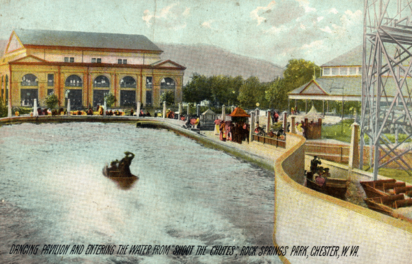 Dancing Pavillion and entering the water from "Shoot the Chutes", Rock Springs Park, Chester, West Virginia