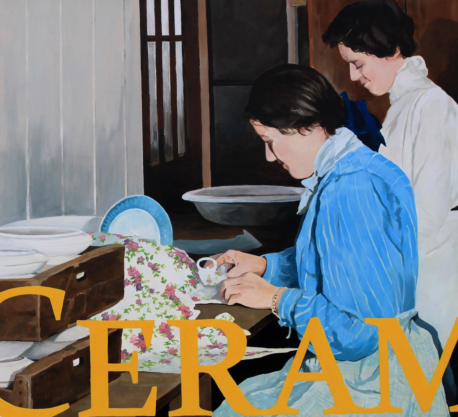 Women decorating pottery — museum mural